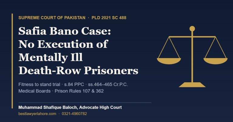 Safia Bano case PLD 2021 SC 488 Supreme Court of Pakistan bars execution of mentally ill death row prisoners by Advocate Muhammad Shafique Baloch Lahore