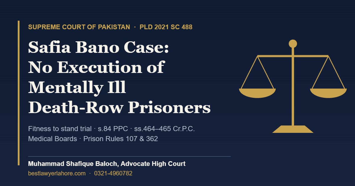 Safia Bano case PLD 2021 SC 488 Supreme Court of Pakistan bars execution of mentally ill death row prisoners by Advocate Muhammad Shafique Baloch Lahore