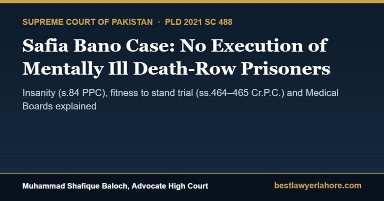 Safia Bano case PLD 2021 SC 488 Supreme Court of Pakistan bars execution of mentally ill death row prisoners by Advocate Muhammad Shafique Baloch Lahore